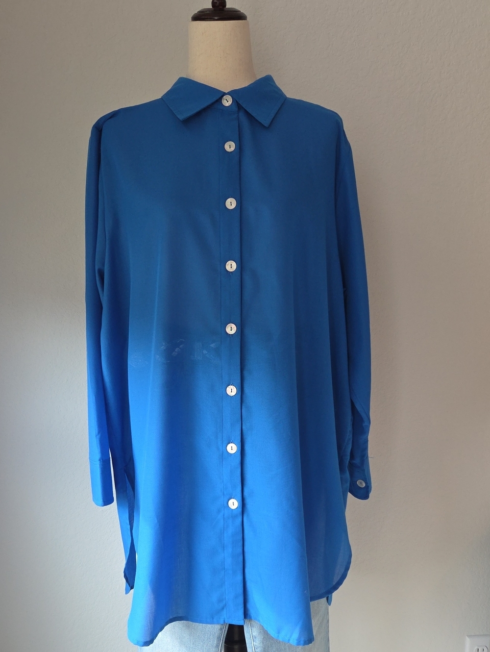 Classic Cerulean Blue Button-Down Women's Boyfriend Shirt Oversize Lounge Wear
